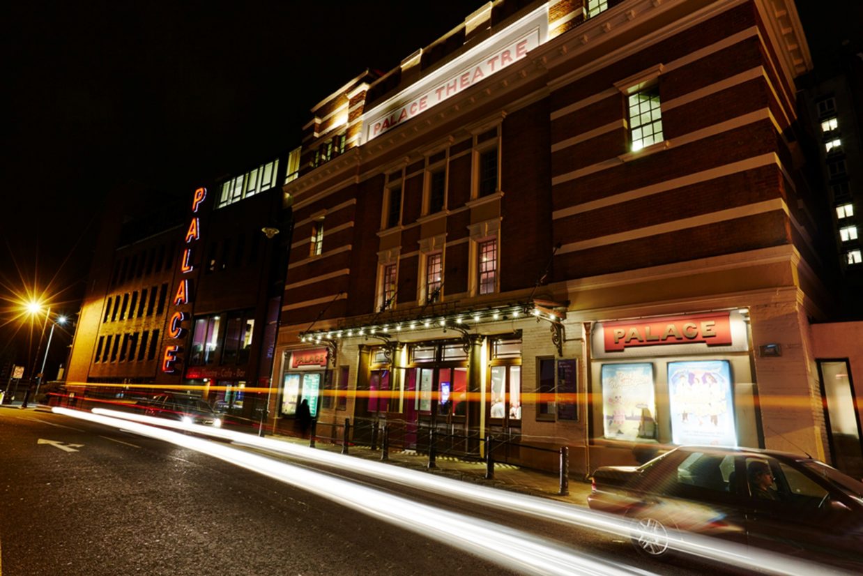 The exterior of Watford Palace Theatre at night